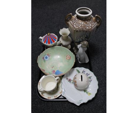 A tray of Nao figure, Bunnykins money box, cup and saucer, Royal Worcester shell dish, Sadler teapot, Belleek vase etc 