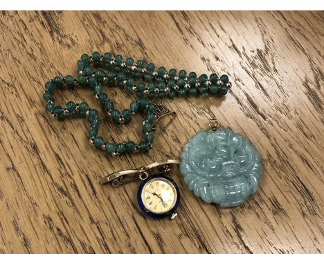 A jade pendant, two bracelets and an enamel watch brooch. (4)