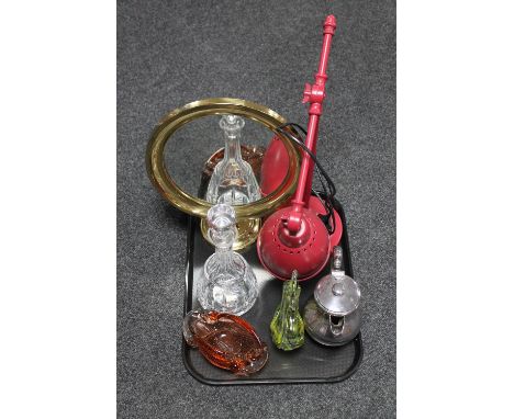 A tray of brass shaving mirror, angle poised lamp, glass decanter, bowl, bird figure and a plated teapot 