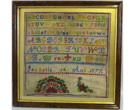 A 19th century needlework sampler, depicting the alphabet worked by Isabella Firth dated August 1877, 39cm x 39cm, simulated 