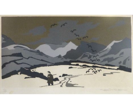 After Sir Kyffin Williams R.A. (1918-2006), "Snowdon from Pontllyfni in the Snow", limited edition colour print, pencil signe