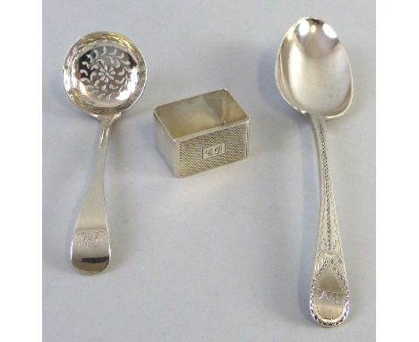 A George III tablespoon, with chased handle, London 1785 together with an Old English pattern sugar caster spoon, London 1894