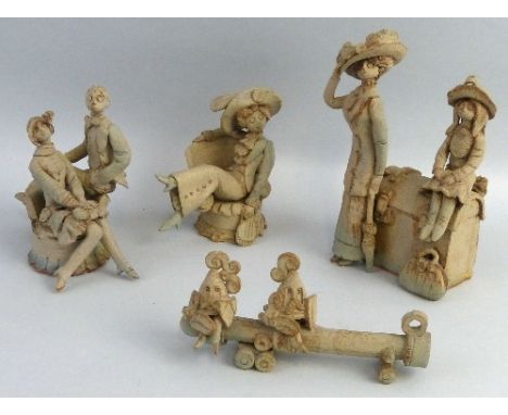 Hilary Brock,  four stoneware groups comprising woman standing beside a young girl seated on trunk, 19cm high, lady seated in
