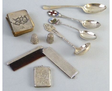 Small collectable items, comb, vesta case, two thimbles, prayer book and four spoons, various dates