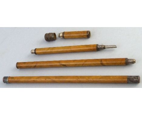 A Malacca cane novelty swagger stick/travelling writing set, composed of four threaded sections, the removable embossed coppe