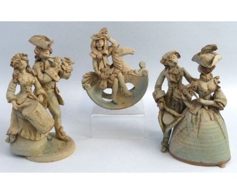 Hilary Brock, three stoneware groups comprising 18th century style man and woman walking, 20cm high, 19th century style man p