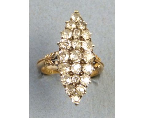 A diamond cluster ring, the twenty-one old mine cut stones in a marquise setting (approx. 2 carats) on 18ct gold shank, size 