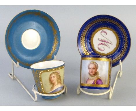 A Sevres cabinet coffee can and saucer, the cup painted with a gilt bordered square portrait "De Monpensier", saucer with a c