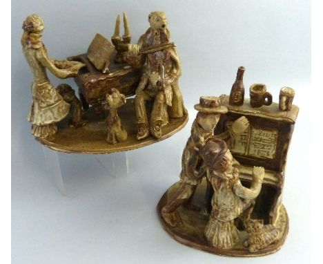 Marie Whitby (Seven Springs Pottery), a Mozart style stoneware group of a man playing a grand piano accompanied by a violinis