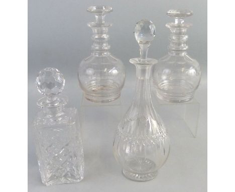 A pair of 19th century bulbous ring neck decanters, with mushroom stoppers together with two further various decanters with s