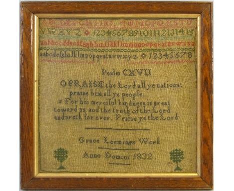 A 19th century needlework sampler, depicting numbers, alphabet and the words to psalm 117 worked by Grace Leeming, dated 1832