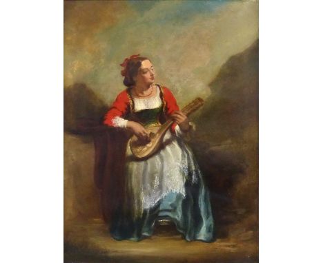 19th century Continental School, study of a lady playing a mandolin, oil, 60cm x 45cm, ornate gilt frame