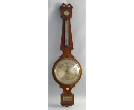 A 19th century walnut cased banjo mercury barometer, with swan neck pediment, humidity, spirit level and temperature gauges a