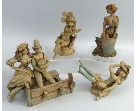 Hilary Brock, four stoneware figures comprising floozie kneeling in a chair,16cm high, floozie reclining on floor, 15.5cm wid