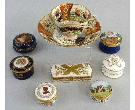 A 19th century Spode cup and saucer, a Vienna ceramic box with portrait to the lid, together with six further ceramic/enamel 