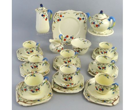 A Tuscan China Plant tea-set, comprising tea-pot, cover and stand, hot water jug and cover, sandwich plate, eight of each cup