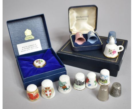 A Boxed Silver Plated Dalvey Sporran Cup (AF), Wedgwood Jasperware Thimbles, Souvenir Thimbles, Halcyon Days Enamel Miniature