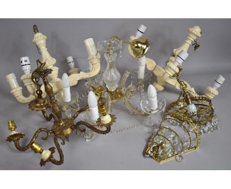 A Two Cream Painted Ceiling Light Fittings, Brass and Perspex Examples etc 