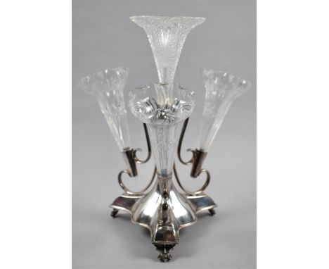 A Late Victorian/Edwardian Silver Plated and Glass Four Trumpet Epergne on Tripod Support, 30cm high 