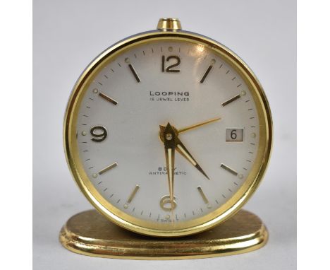 A Mid 20th Century Circular Brass and Enamel Alarm Clock by Looping with 15 Jewel Eight Day Movement, Working, 6cm Diameter 