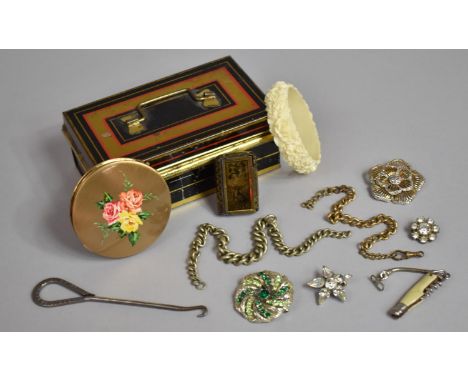 A Small Vintage Cash Tin Containing Costume Jewellery, Powder Compact, Miniature Multi Tool Knife, Button Hook etc 