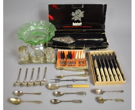 A Collection of Various Silver Plated Cutlery, Boxed Falstaff Trowel Cake Slice, Green Moulded Glass Sweetmeat Bowl with Wavy