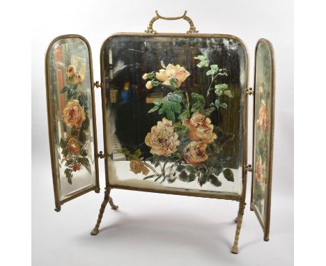 A Late Victorian/Edwardian Three Fold Brass Fire Screen Mirror with Floral Painted Decoration, 68cm High, For Restoration 