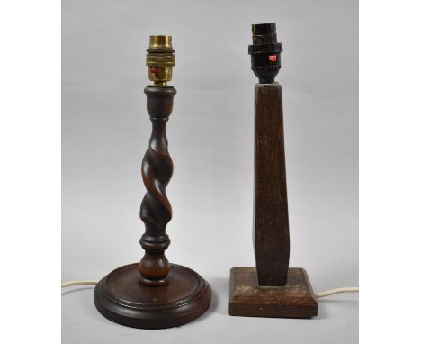 Two Vintage Oak Table Lamp Bases, One Barley Twist, 31cm high 