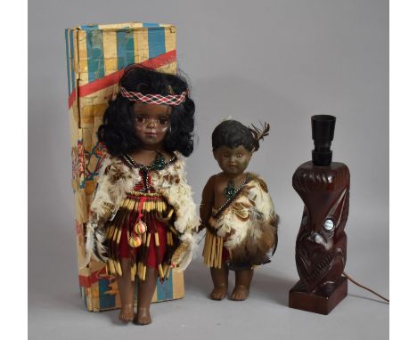 Two Vintage Maori Dolls, Made in New Zealand by Pedigree, One with Cardboard Box Together with a Maori Table Lamp 