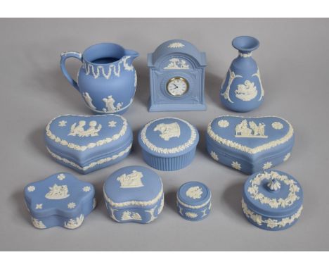 A Collection of Various Wedgwood Blue and White Jasperware to comprise Jugs, Mantel Clock, Lidded Pots Etc (10 Pieces in tota