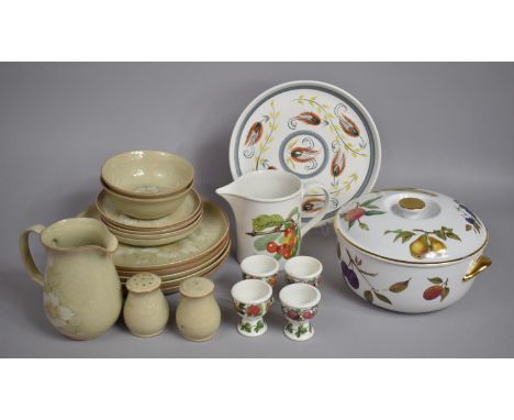 A Royal Worcester Evesham Oven to Table Tureens, Four Portmeirion Egg Cups, Pomona Jugs, Denby Coloroll Pattern Breakfast Set