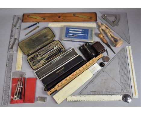 A Collection of Vintage Drawing Instruments, Scale Rules, Morse Code Key etc 