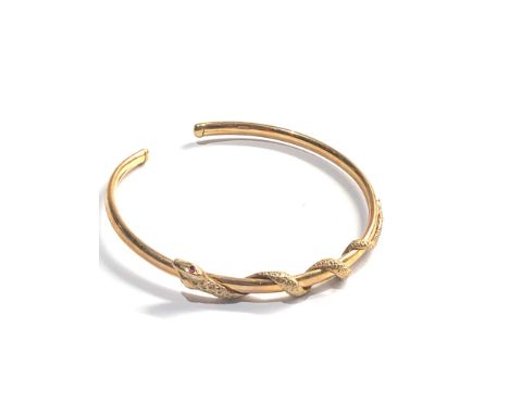 9ct Gold snake design cuff bangle w/ ruby detail weight 7.2g 