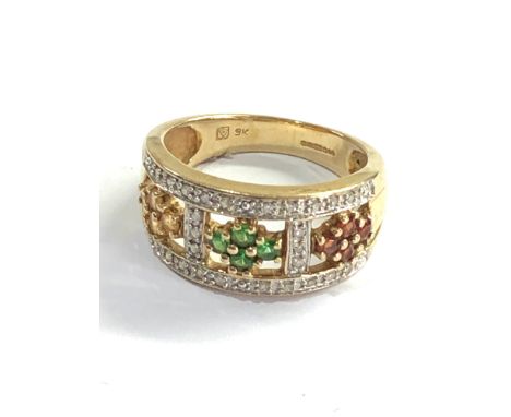 Vintage 9ct gold citrine emerald and garnet  ring weight 4.3g 