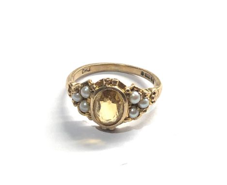 Vintage 9ct gold citrine and seed-pearl ring weight 3g 