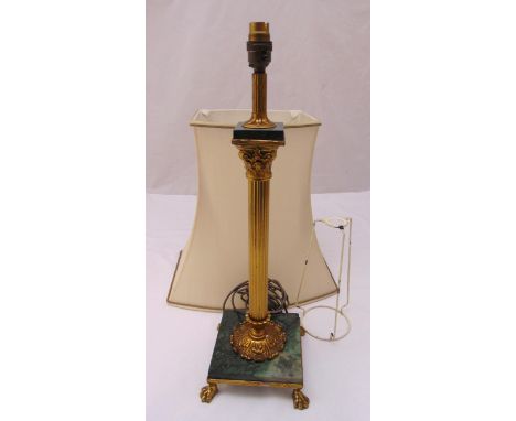 A gilt metal and marble table lamp of Corinthian column form to include a shade, 55.5cm (h)