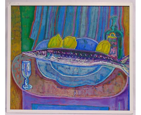 Luis Orozco framed oil on canvas titled Fish with Striped Curtains, signed top left, 71 x 81cm