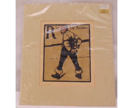William Nicholson antique woodcut litho Alphabet print R is for Robber circa 1899, 28 x 22.5cm