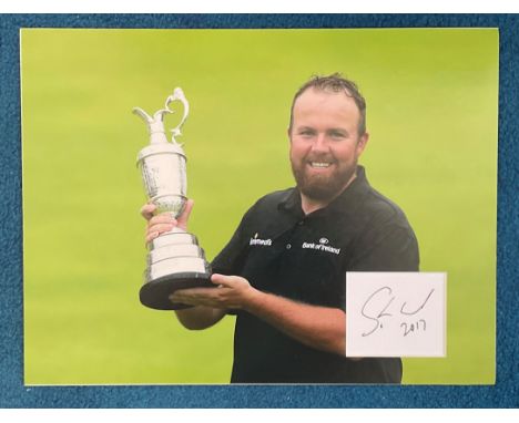 Shane Lowry signed signature card, attached to a mount showing Lowry holding the Open championship Claret Jug. (born 2 April 