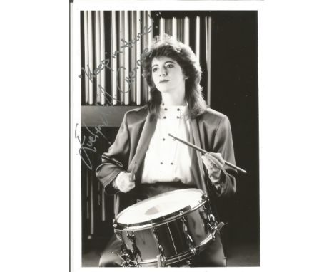 Evelyn Glennie signed 7x5 black and white photo. With inscription Keep in Tune. Signed in silver pen. Photo shows Glennie pla