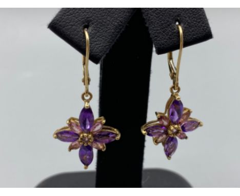 Ladies 9ct yellow gold Amethyste and light pink stone set drop earrings, 2.6 grams&nbsp;