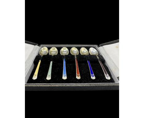 Vintage Harrods 1955 Hallmarked Sterling Silver and Enamel Spoon Set, in good condition with original box