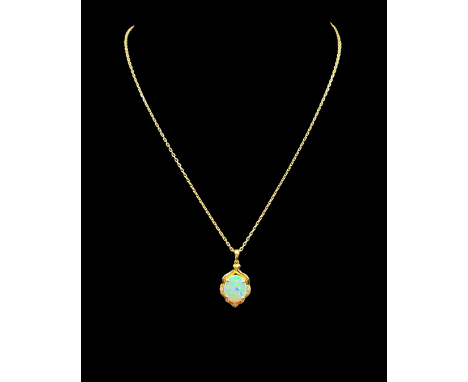 18ct Gold  Large Oval Opal &amp; Diamond  Pendant &amp; Chain 45cm in length - Opal 12mm x 10mm - 6.2grams