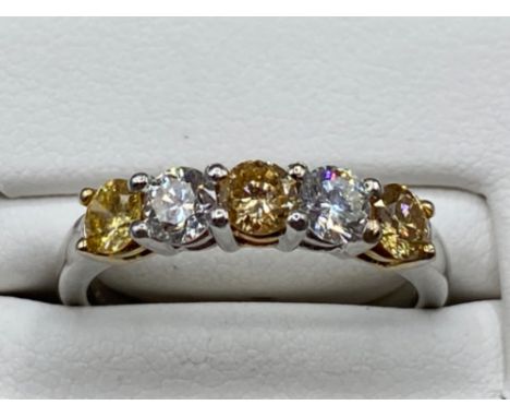 18ct White Gold 5 stone ring with 0.45ct of diamonds and 0.54ct of fancy yellow diamonds size M 1/3 weighing 3.64 grams