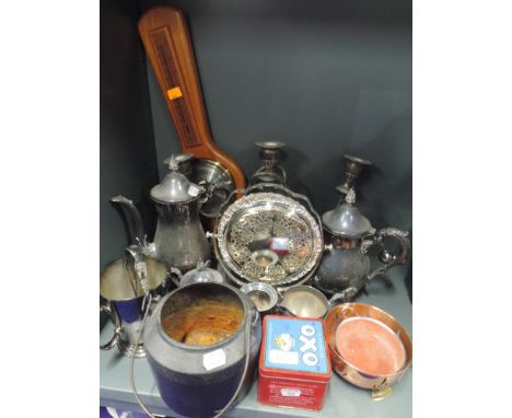 A selection of metal and plated wares including tea set and candle stick