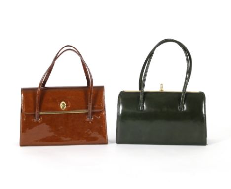 A vintage 1960's Holmes of Norwich metallic patent copper handbag; and another 1960's Holmes green Kelly bag