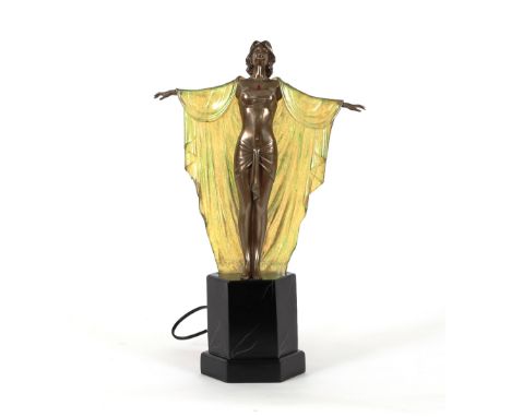 An Art Deco design table lamp, in the form of a dancing girl with yellow cape, 46cm high