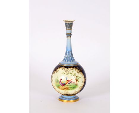 A Royal Worcester vase, having painted panels of pheasants on a deep blue and cream ground, the elongated flared neck with st