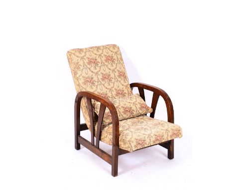 A pair of oak 1930's armchairs, upholstered in floral stamped tapestry