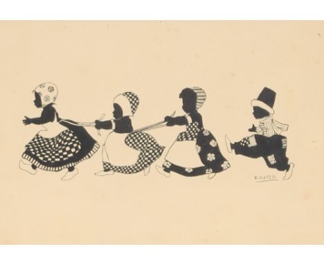 H Hatch,  a pair of humorous silhouette studies depicting young children playing, 12cm x 17cm